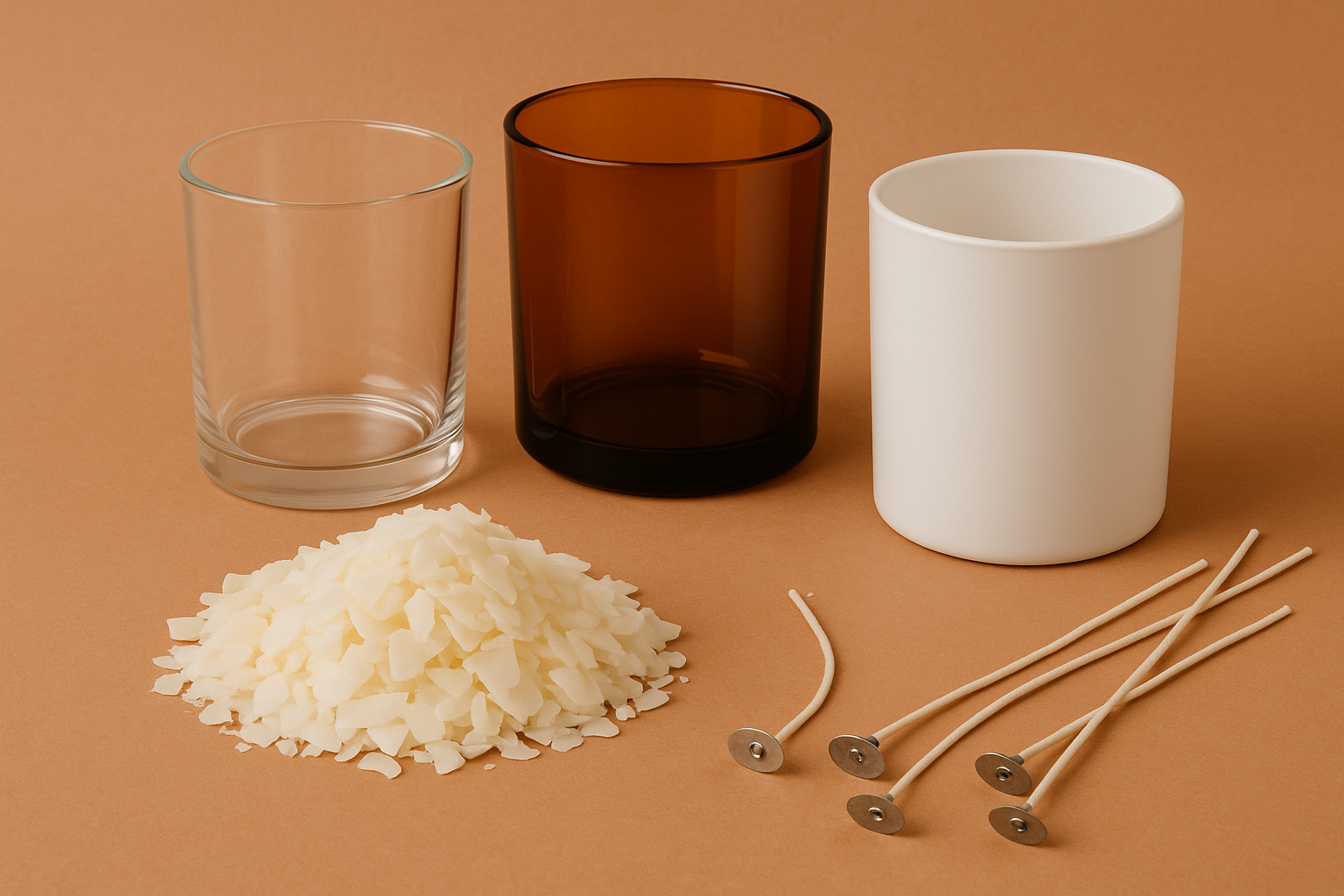 Hero image for Candle Makery featuring empty candle containers in clear, amber, and white glass arranged on a soft dusky orange background with a pile of wax chunks and candle wicks, no wax pastilles